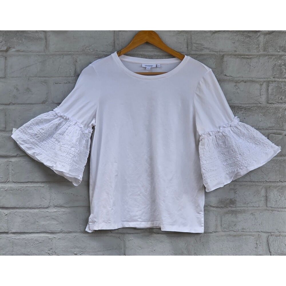 Chico's White Cotton Embroidered Tiered Bell Ruffled Sleeve Top Blouse M
